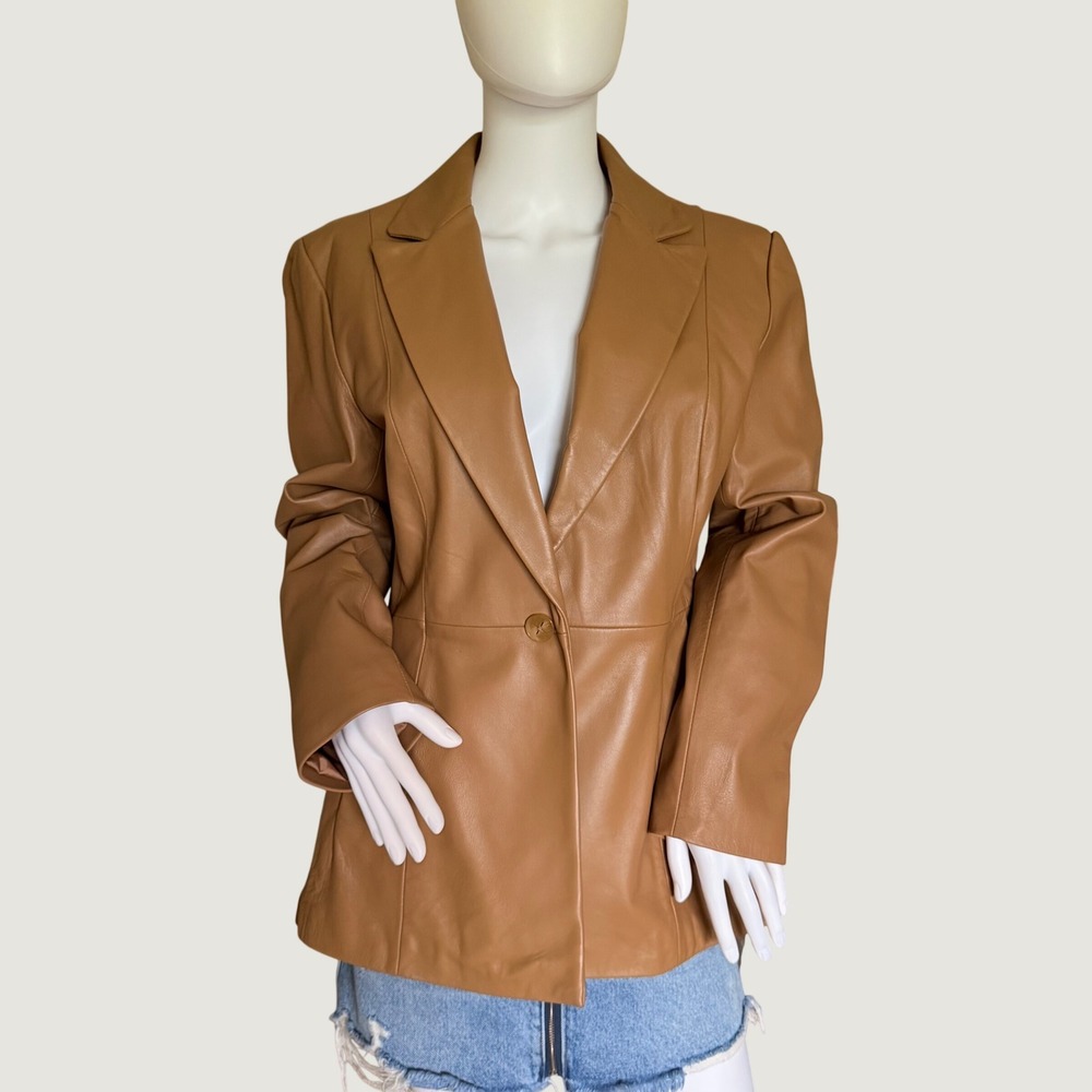 JLO Jennifer Lopez Tan Leather Blazer Jacket Single Button Camel Brown Size M